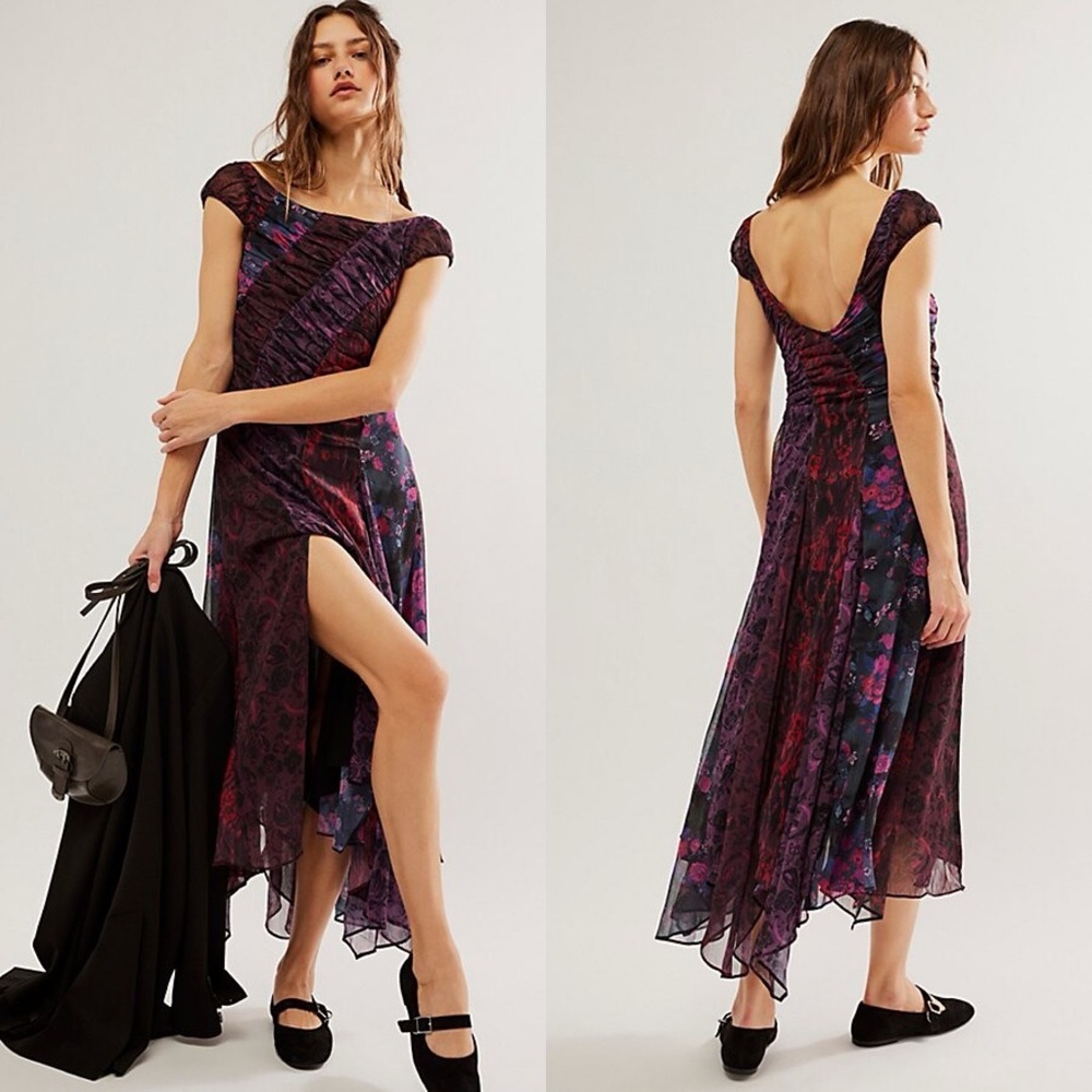 Floral Purple High-Low Cap Sleeve Dress